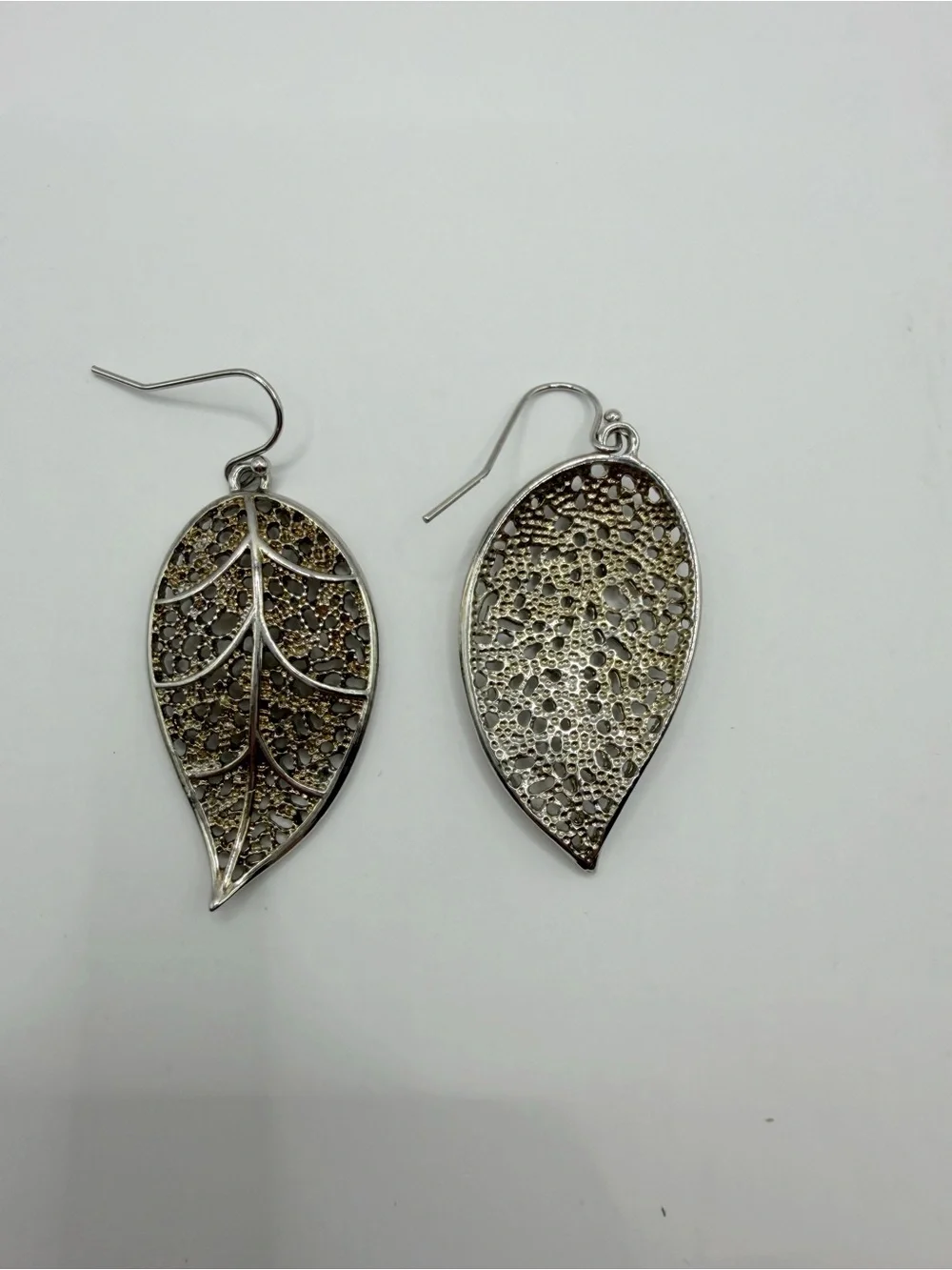 Silver Tone Filigree Leaf Dangle Earrings | Boho Nature Statement Earrings